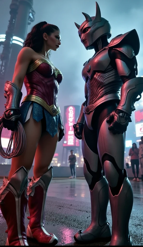CGI photo effect. digital joyful colours throughout. zoomed-out view. Mortal Kombat style. 2 characters. WonderWoman holding a curled up whip and ((Harley Quinn holding an aluminium baseball bat)) are facing each other wearing twopiece outfits. The background is a beach with wrestlemania merchandising prominently visible and strobe lighting. full-body picture. whole-body picture