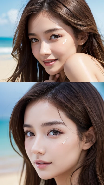 Highest quality, Very detailed, finely, High resolution, 8k wallpaper, Perfect dynamic composition, Beautiful and exquisite,ランダムなcute髪,,Natural color lip, Bold sexy pose,20-year-old girl、cute、Looking into the camera,Perfect and beautiful face,Slim face and figure,Big eyes、Gal Makeup,Small face、smile,Elegant feminine face、Randomly change the shooting angle and position、smile、Top to bottom々Shoot from the right angle and direction、Sexy Face、Sandy Beach、Swimwear,whole body、Open your mouth a little