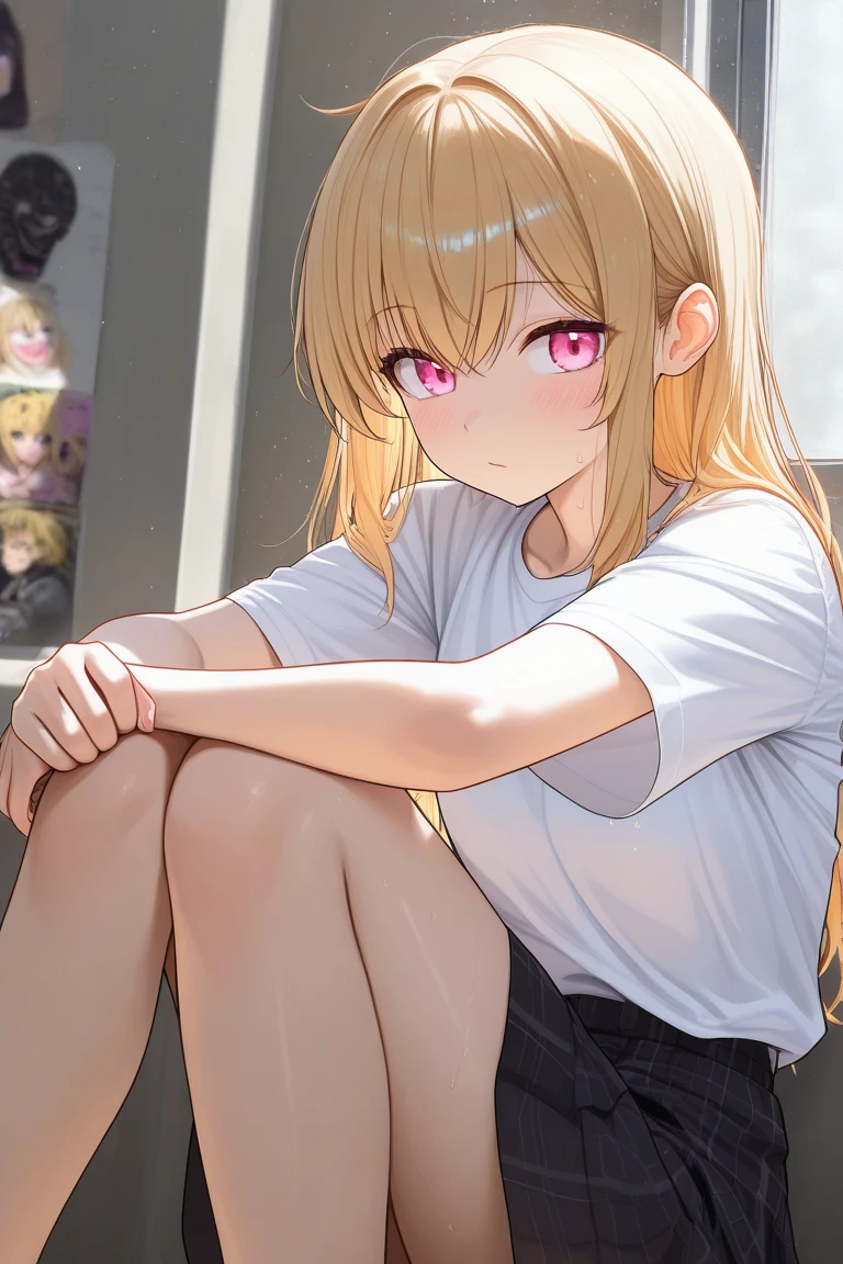 Female ager, Long blonde hair, has pink eyes, and wearing white short T-shirt and skirt above the knee, peacepose