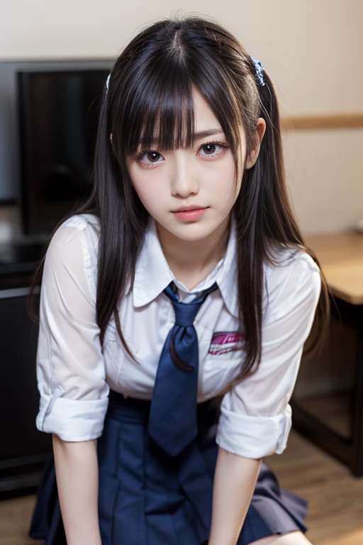 teens girl ,school uniform,Exposed through the shirt,The upper part of the body,being thin,and wear no underwear