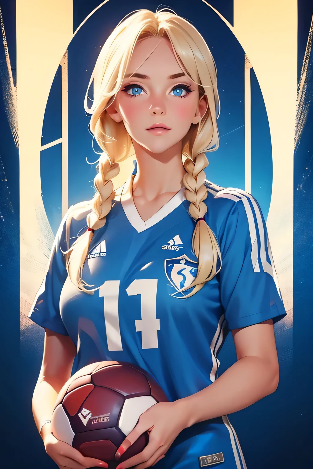 Beautiful young girl . without makeup . She is 25 years old . blond hair , braided , blue eyes . 1 size . height 175 cm . She's a soccer player . Playing football . Soccer game .