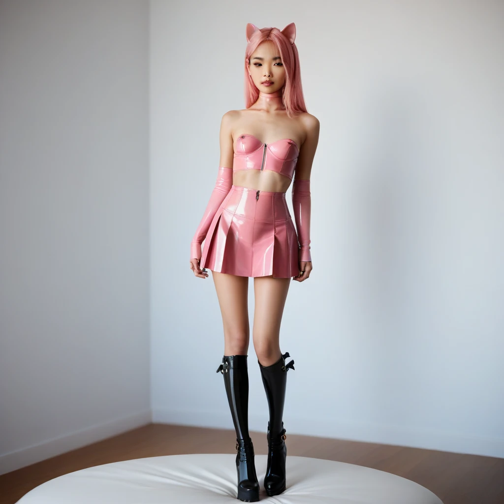 Asian slim  solo with pink hair, straight hair, slim model, pink black latex underbust corset
, pink black latex pleated skirt, latex sleeve warmer, knee high latex boots, cat ears, standing, small breasts, BDSM bedroom, breasts uncovered, breasts visible
