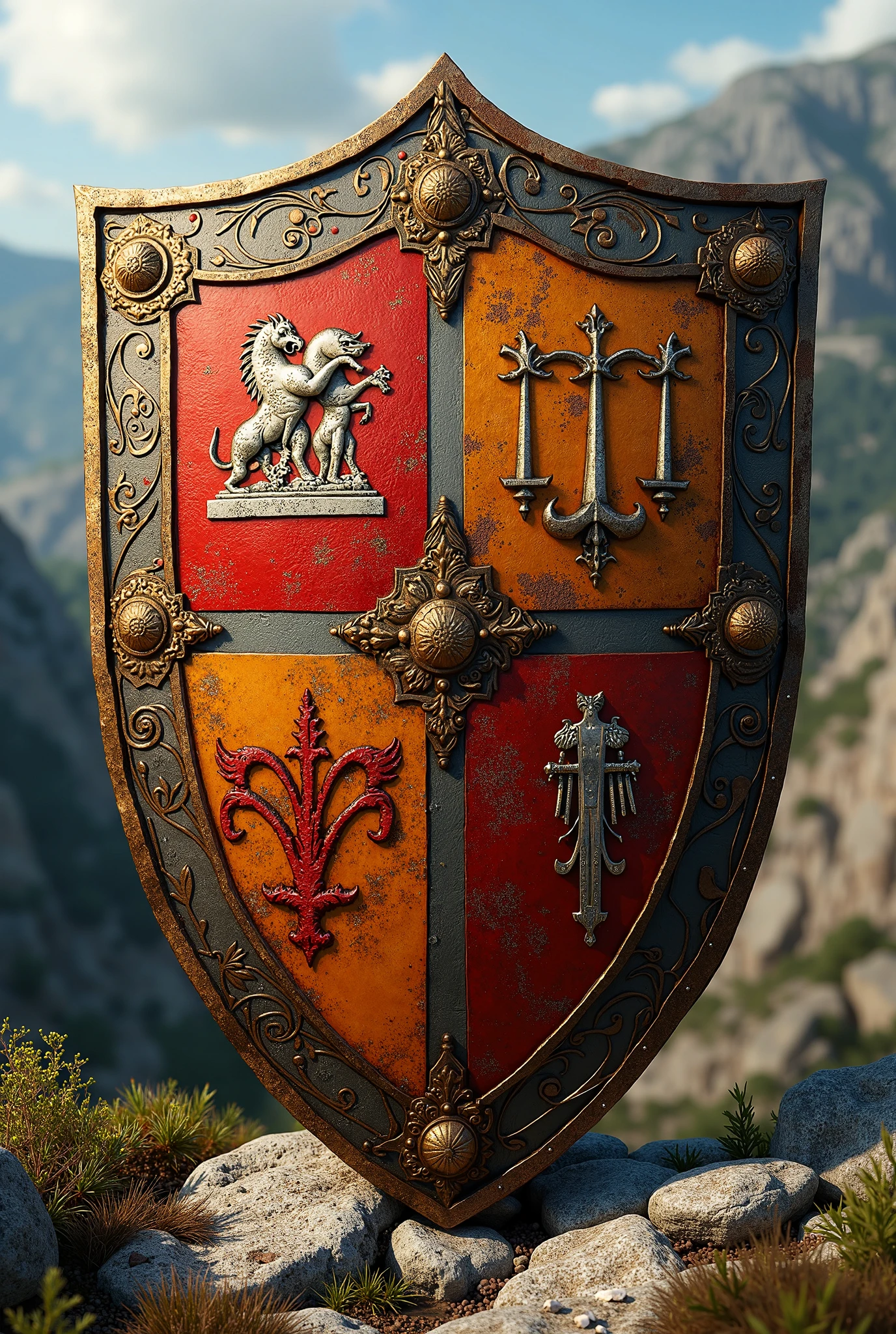 Create a heraldic shield of the Santafé de Fiscal family in the province of Huesca in Spain
