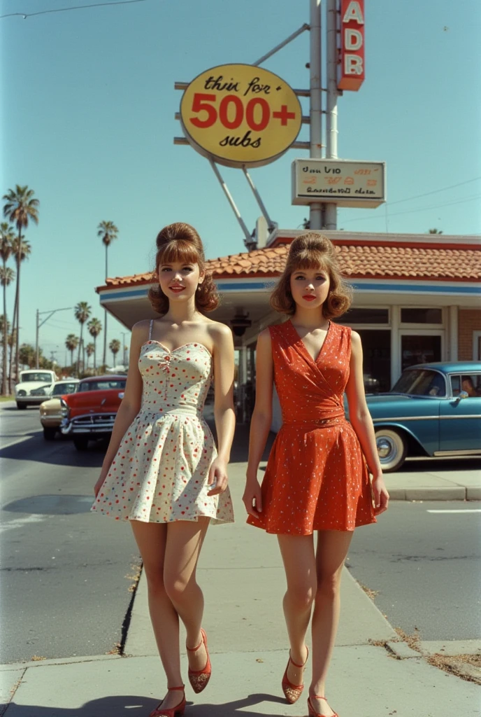 An Panavision cinematic photo of two Woman with light brown beehive hairstyle from the 60s ,tall skinny and slim woman with 60 minidresses, Her skin is slightly sun-tanned , happe faces  this is how she poses in the USA in front of a large American fast food restaurant from the 60s at sunset LA,  Obove the burger place is an big sign with the text "Thx for 500+ Subs" , traditinal 50s and 60s american cars on street,  beautuful summer weather,  stunning picture, 