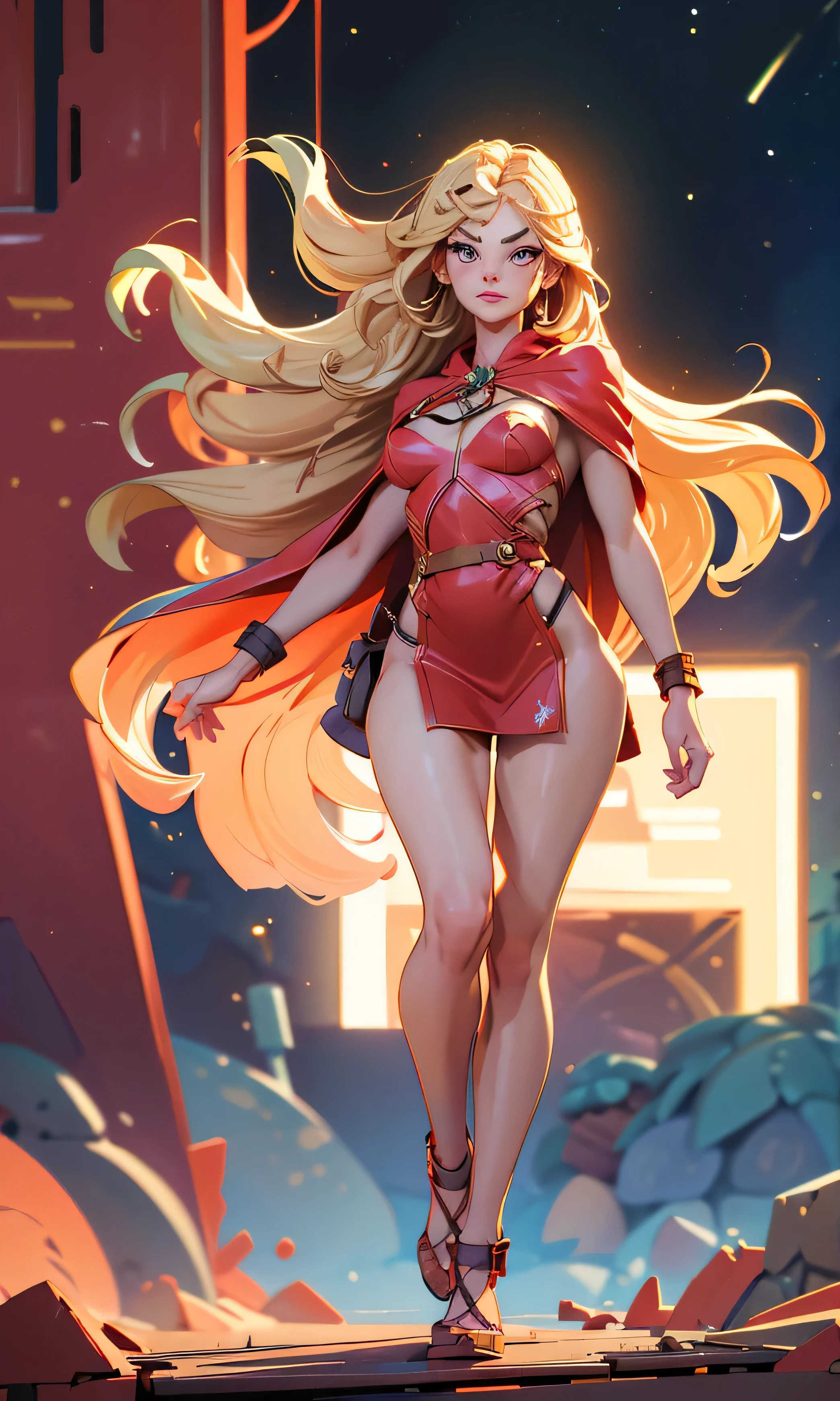Masterpiece, 1 girl, skinny, beautiful, slim, head on, looking at the spectator, long hair, blond hair, brown eyes, arched eyebrows, full body, naked breasts, pretty legs, sexy, ((naked)), floating in the air, red cape, dark sky,