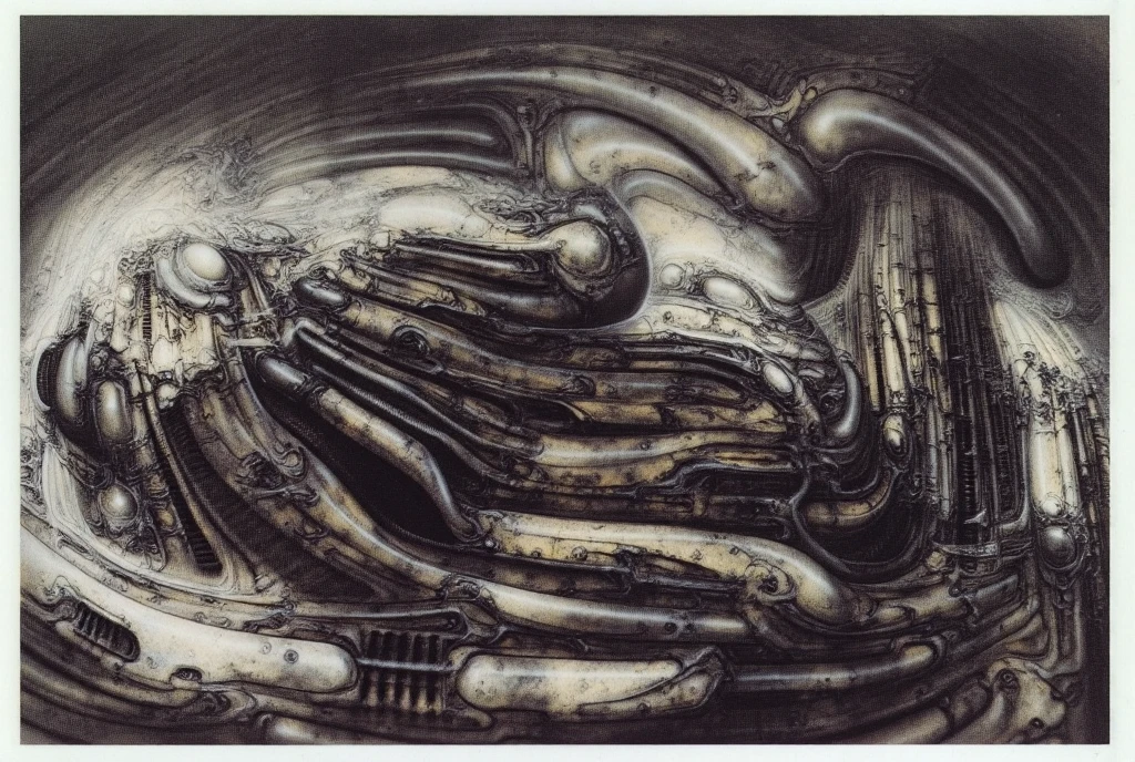 xgiger, The image is a detailed view of H.R. Giger's biomechanical tableau \" LANDSCAPE No 312 \" plate, featuring
a complex, intricate, and detailed design of endless Machine in the transit space over the cascade of fallen water, that appears to be a fusion of organic and mechanical elements, with a focus on the interplay between the two.The piece is a tableau, most likely created with a India ink pen or pencil on paper, determined by the thin lines, shading techniques, and the texture of the paper, which is visible around the edges.
Used is pen, given the shading and variations in line weight visible in the image. Artist have used a variety of stylus with different degrees of hardness to achieve the shading effects.
 The use of undersaturated green-grays dark contrasts creates a stark and graphic look. Is used a variety of linework techniques to create different textures. Fine, parallel lines create a smooth, metallic texture,while thicker, more cursive lines suggest cables or wires.
Light source from the top highlights skeletals, pper part of foreground, lower part of image is in shadowupper part of foreground, lower part of image is in shadow.
The art performance showcases the artist’s skills in observation and rendering. The level of detail in the piece suggests a close study of real bone specimens and mechanics. The artist has skillfully used shading techniques to create a convincing illusion of three-dimensionality on a flat surface. The wrinkles and cracks in the surface, and the cast shadows with accuracy, used shading techniques to create a realistic depiction of light and shadow on the objects. This creates a sense of depth and dimension in the image. The artist has used careful linework to depict the contours and textures in the piece
Sharp focus on foreground elements illustration. Deep and delicate DOF. Big painting. Stored in Louvre masterpiece, ooze soaked pajama top
