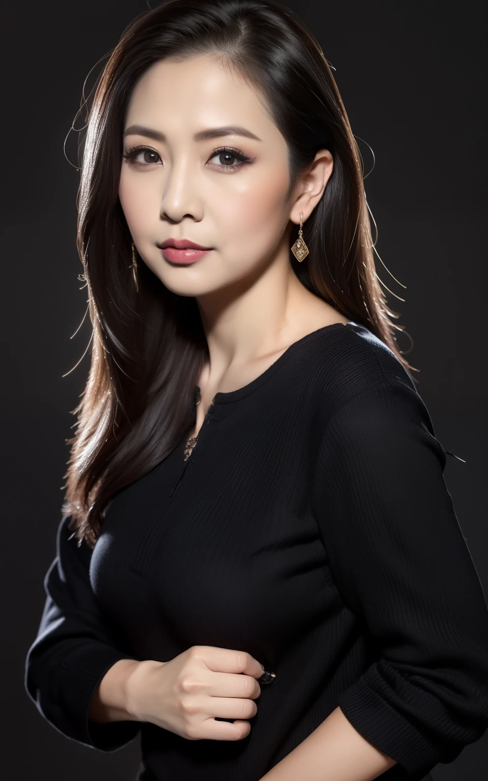 masterpiece,best quality, (one attractive milf), ((portrait:1.5)), long hair, makeup, elegant black shirt, touch own chest, ((seduction expression)), 