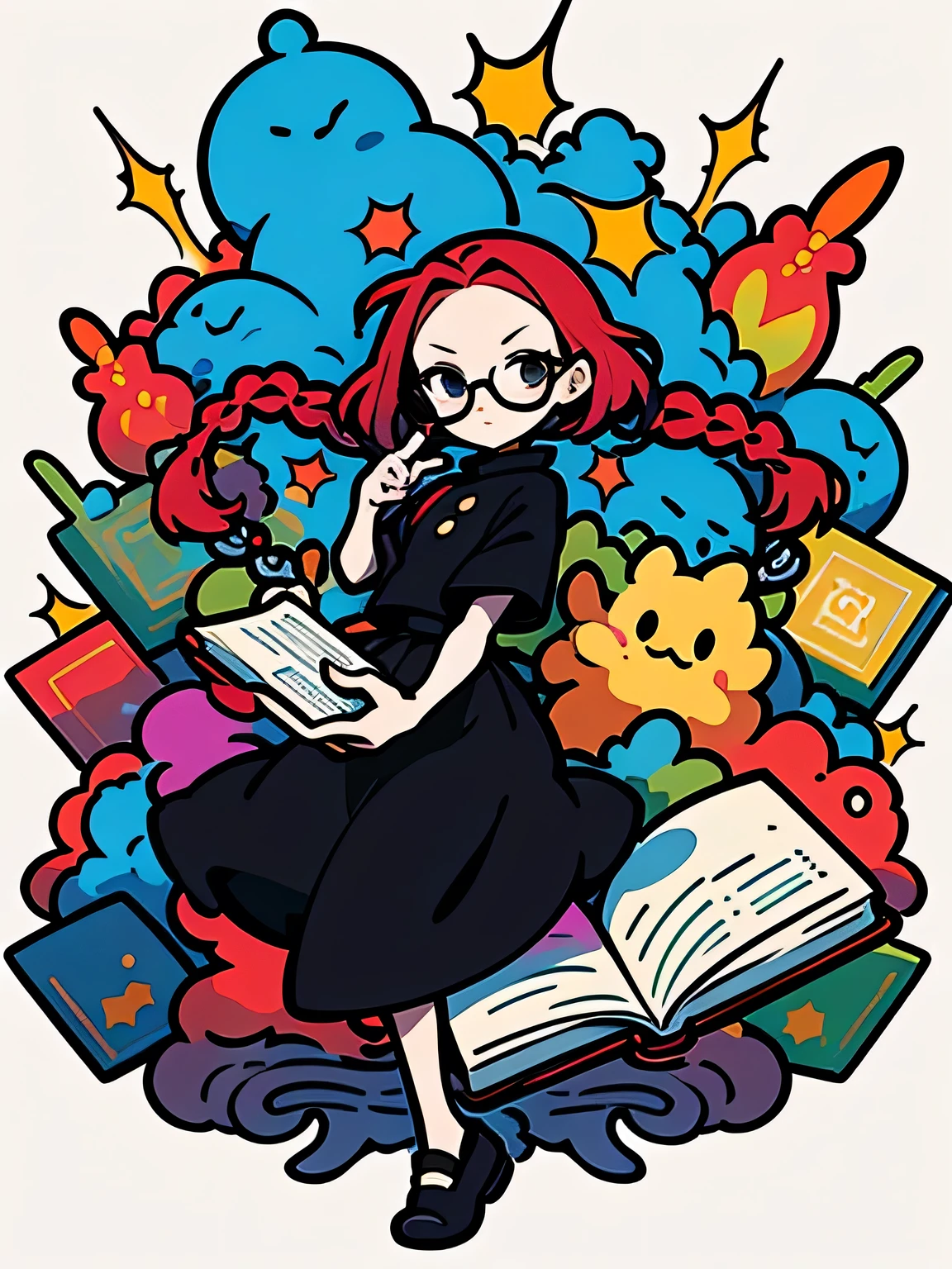 Alone,fullbody,black color single braid,forehead,glasses,Magic Pose :1.3, black wizard clothes,Detailed decoration,Magic book in one hand ,white simple background,Murakami Takashi:1.3,kaleidoscope,outline,(illustration),