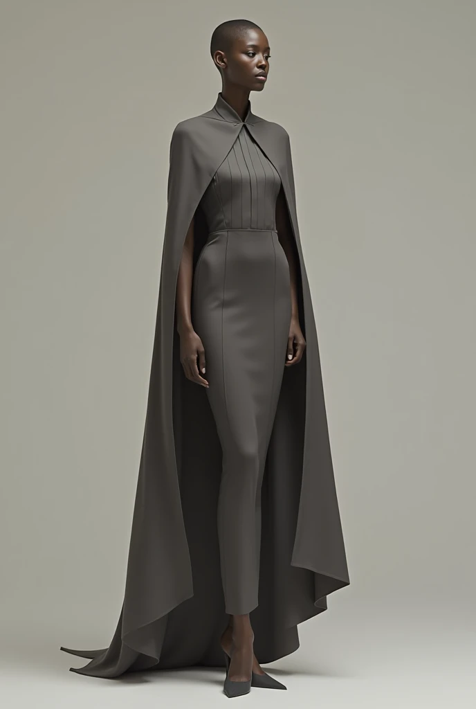 (photorealism) a women with sharp jawline duske skin wearing Viviana Westwood full coverage long black dress