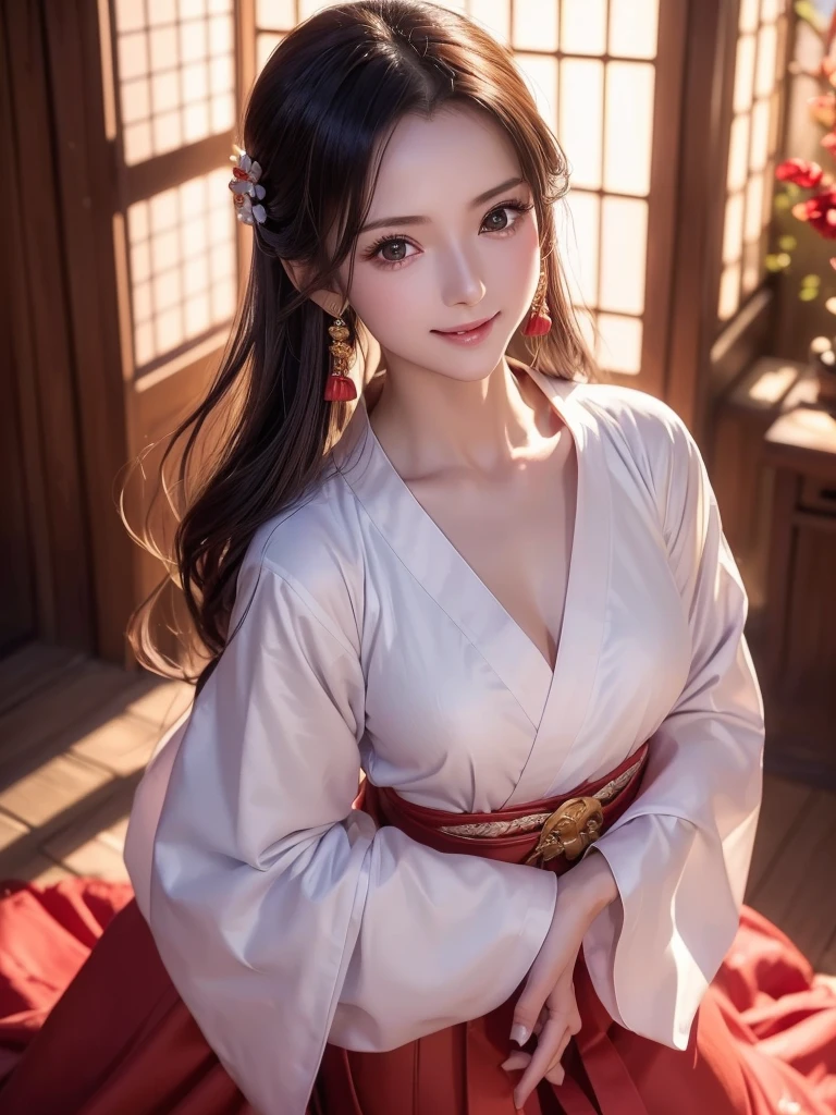 ( chest close-up:1.3)、 top quality、 ultra high definition、(Photographically: 1.3)、 beautiful eyes、 very beautiful、 shiny hair 、(Mature and elegant:1.2)、(smile:1.2)、((kawaii miko girl, wearing japanese white clothes,red hakama, in a Japanese shrine, 45 angle by krenz cushart and Mucha, golden hour lighting, strong rim light, intense shadows))