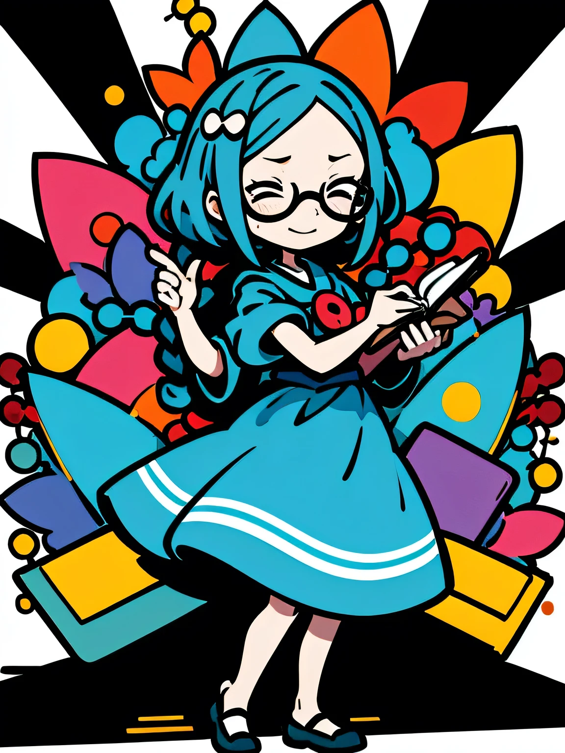 Alone,fullbody,black color single braid,forehead,glasses,closed eyes,Magic Pose :1.3, black wizard clothes,Detailed decoration,Magic book in one hand ,white simple background,Murakami Takashi:1.3,kaleidoscope,outline,(illustration),