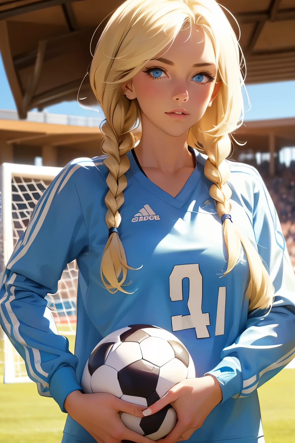 Beautiful young girl . without makeup . She is 25 years old . blond hair , braided , blue eyes . 1 size . height 175 cm . She's a soccer player . Playing football . Soccer game .