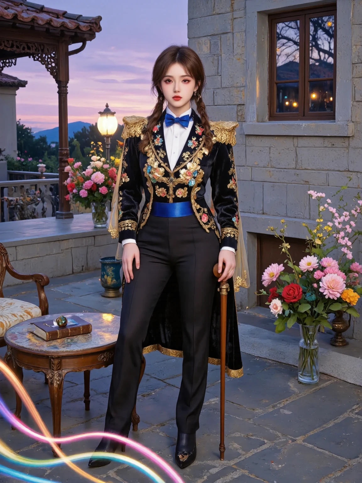 (((Quinceanera photos)))， in the open courtyard of an ancient castle ， An 18-year-old boy is heroic 。 He is wearing a beautifully embroidered black tuxedo ， in the open courtyard of an ancient castle ， with loose hair hanging over his forehead ， holding the left hand ，Excellent silk texture 。 The background is a gray wall of the castle ， with vintage hair wax to keep it fluffy and stylish ， The sky is a light purple sunset 。 He gracefully holds a wooden cane in his right hand ， with emerald gemstones on the top ， A black top hat 。, the stone table next to ， and places a book with an ancient leather cover， symbolizes knowledge and growth 。 The bow tie is deep royal blue ， On the stone table next to ， European street lights in the distance give off a dusky glow ， The teenager has brown curls ， The picture is like a retro oil painting ， engraved with the dignity and dignity of an adult Elegant 。