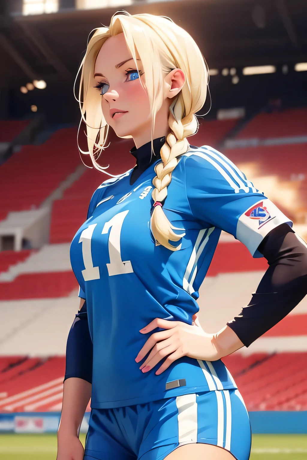 Beautiful young girl . without makeup . She is 25 years old . blond hair , braided , blue eyes . 1 size . height 175 cm . She's a soccer player . Playing football . Soccer game .