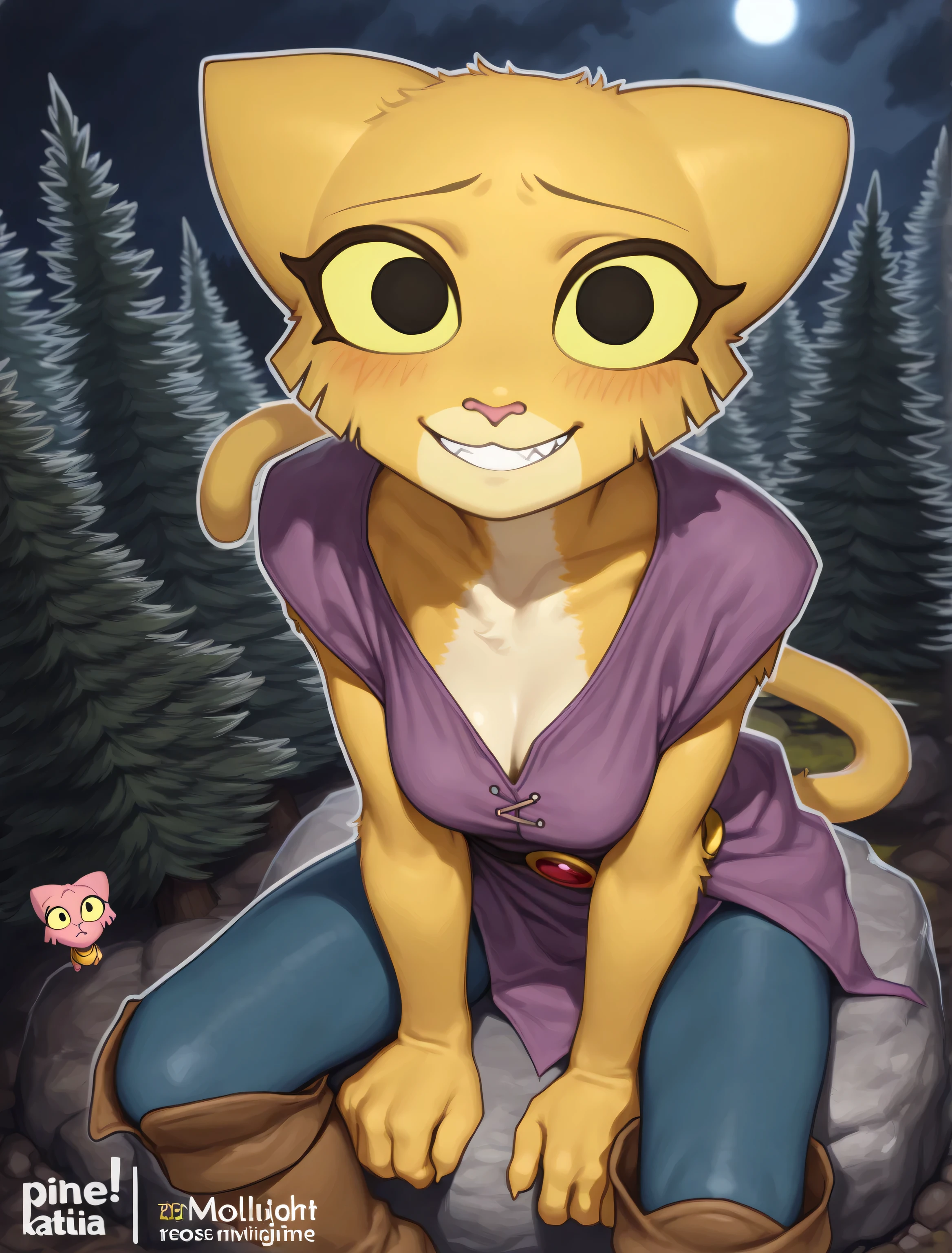((katia managan)), ((masterpiece)), ((high resolution)), ((cartoon style)), ((solo portrait)), {(attractive figure), (skinny body), (yellow fur), (pink cat nose), (long yellow cat tail), (cute black eyes), (yellow sclera), (sharp eyelashes), (cute grin)}, {(purple tunic shirt), (tight blue pants), (brown boots)}, {(sitting on rock), (looking at viewer)}, ((woods)), ((pine trees)), ((nighttime)), ((moonlight)),