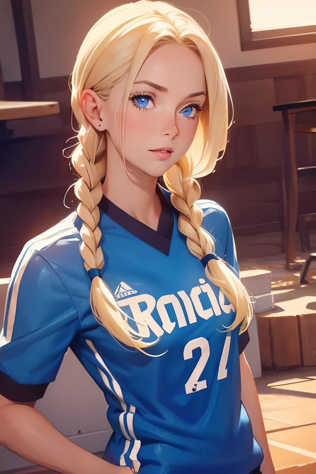 Beautiful young girl . without makeup . She is 25 years old . blond hair , braided , blue eyes . Boobs 1 size . height 175 cm . She's a soccer player . Playing football . Soccer game .