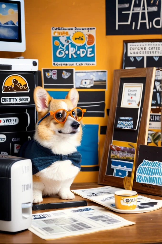 A charming corgi sitting at a desk, working diligently on a computer. The corgi is wearing tiny glasses and a business tie. The desk is cluttered with office supplies, including a coffee mug and a stack of papers. The background shows a cozy home office with warm lighting. Illustration style, vibrant colors, cute and whimsical atmosphere.
