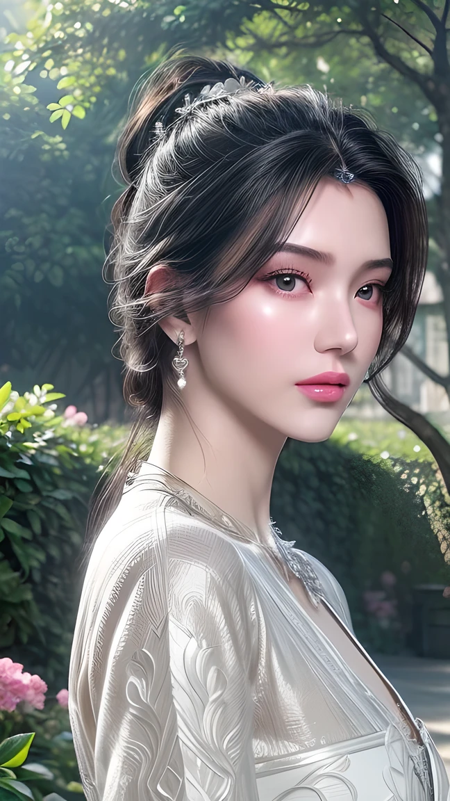 ( Best Quality,  super detailed , ultra-realistic :1.37), bright colors , studio lighting , Beautiful and detailed eyes , beautiful and detailed lips ,  extremely detailed eyes and face ,Long eyelashes,portrait,Black Hair,Confident expression ,feminine,Standing in the garden, soft sunlight , landscape,Flowers Bloom , peaceful atmosphere , art style , Textured brushstrokes, Subtle color changes ,Bright white highlights ,Elegant Movement,  elegant posture  ,breeze,  Rustling Leaves  ,Premium style, Professional Art ,Female beauty.