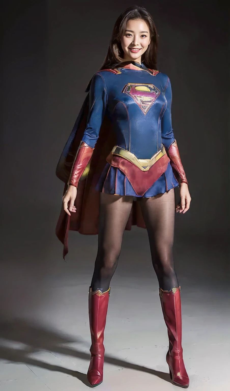 background 、((( Depicting beautiful legs in black tights .)))、((( Legally express the beauty of your smile )))、(((( Make the most of your own original image )))、((( Supergirl Costume )))、(((ボディにフィットした Supergirl Costume )))、(((Beautiful Hair)))、(((SMILE AND WINK )))、(((Please wear black tights....、Wear red boots)))、(( best quality、8k))、(( best quality、8k、masterpiece:1.3))、(((Save the background )))、 Strong concentration:1.2、 Beautiful woman with perfect figure sitting on tatami mat in traditional Japanese room :1.4、 slim abs :1.2、 wet body:1.5、 high-resolution face and skin texture 、8k