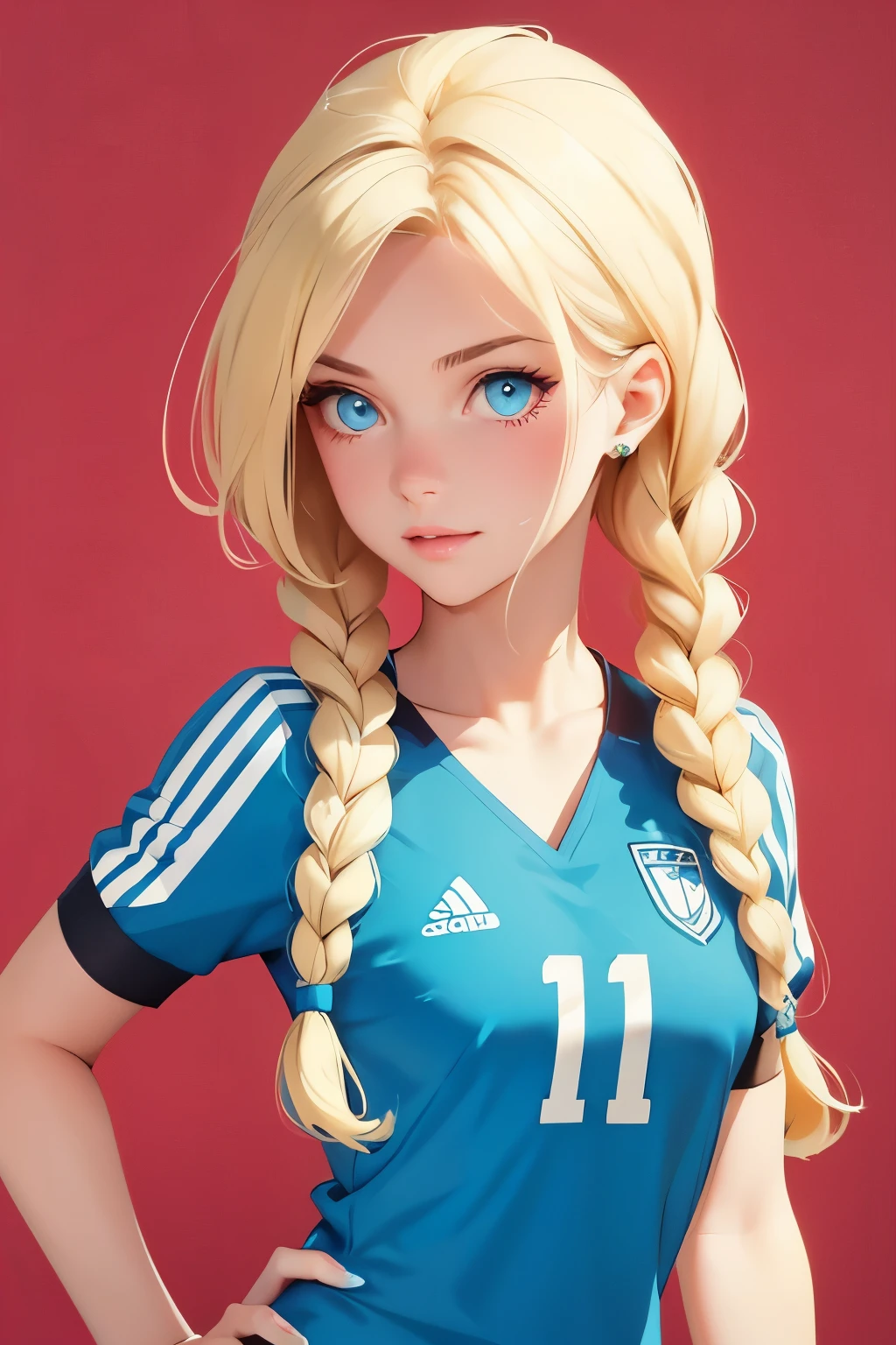 Beautiful young girl . without makeup . She is 25 years old . blond hair , braided , blue eyes . Boobs 1 size . height 175 cm . She's a soccer player . Playing football . Soccer game .