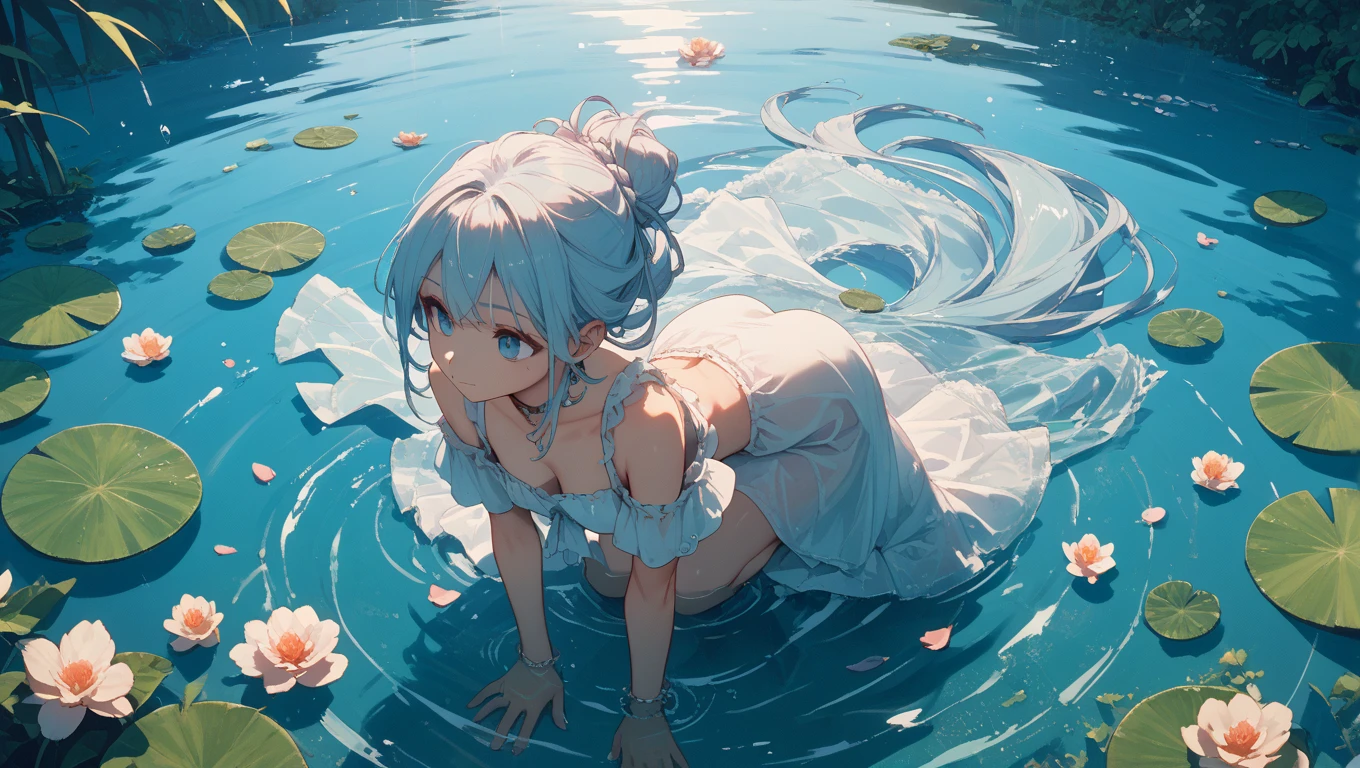 masterpiece, best quality, 1girl, (masterpiece), (super delicate), (illustration), sparkles, ((detailed eyes)), strong light, hairband, white hair, (((lying in water))), water, pond, red eyes, flowers, flower petals,