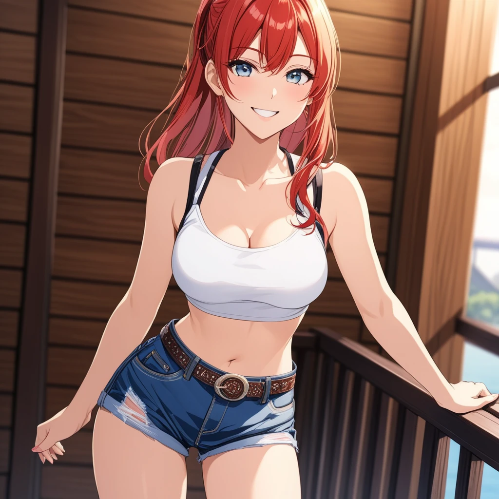  best quality , Detailed image, Brilliant anime-style 、20 generation beauty, sleeveless,Short jeans , hot smile looking at the camera, cowboy shots,(全身shot:1.4)