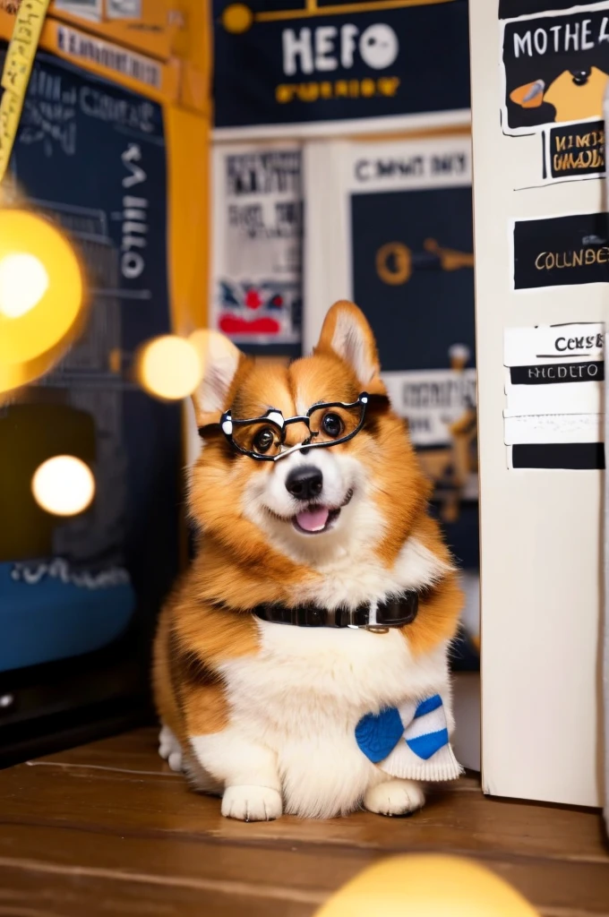 A charming corgi sitting at a desk, working diligently on a computer, shot from a low angle. The corgi is wearing tiny glasses and a business tie, with its face clearly visible and in focus. The desk is slightly out of focus in the foreground, with office supplies visible. The background shows a blurred cozy home office with warm lighting. Illustration style, vibrant colors, cute and whimsical atmosphere. The corgi's expressive eyes and face are the main focus of the image.
