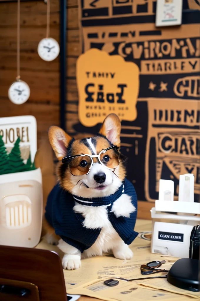 A charming corgi sitting at a desk, working diligently on a computer, shot from a low angle. The corgi is wearing tiny glasses and a business tie, with its face clearly visible and in focus. The desk is slightly out of focus in the foreground, with office supplies visible. The background shows a blurred cozy home office with warm lighting. Illustration style, vibrant colors, cute and whimsical atmosphere. The corgi's expressive eyes and face are the main focus of the image.
