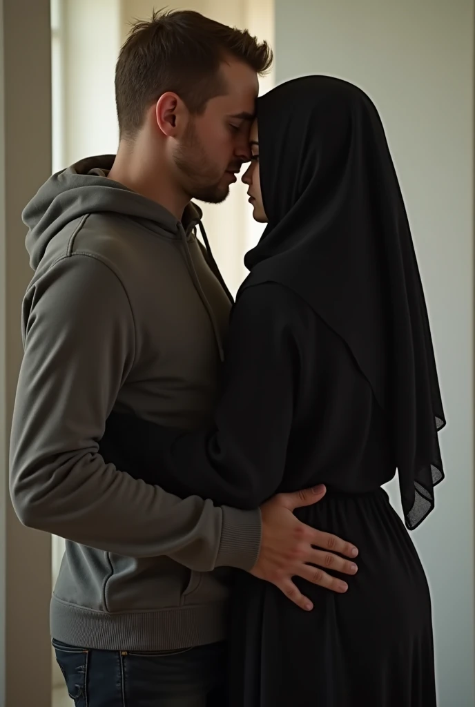 Very Pale skin Woman in straight hijab giving massage to African black man in bedroom close eyes