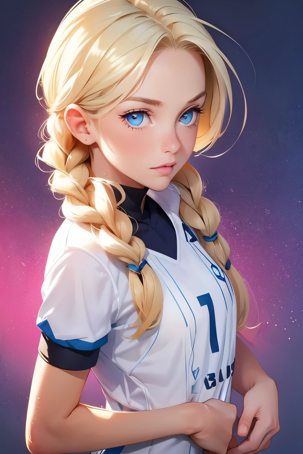  Beautiful young girl . without makeup . She is 25 years old .  blond hair  ,  braided  ,  blue eyes  . Small Boobs 1 size . height 175 cm . She's a soccer player  .  Playing football  .  Soccer game  . 