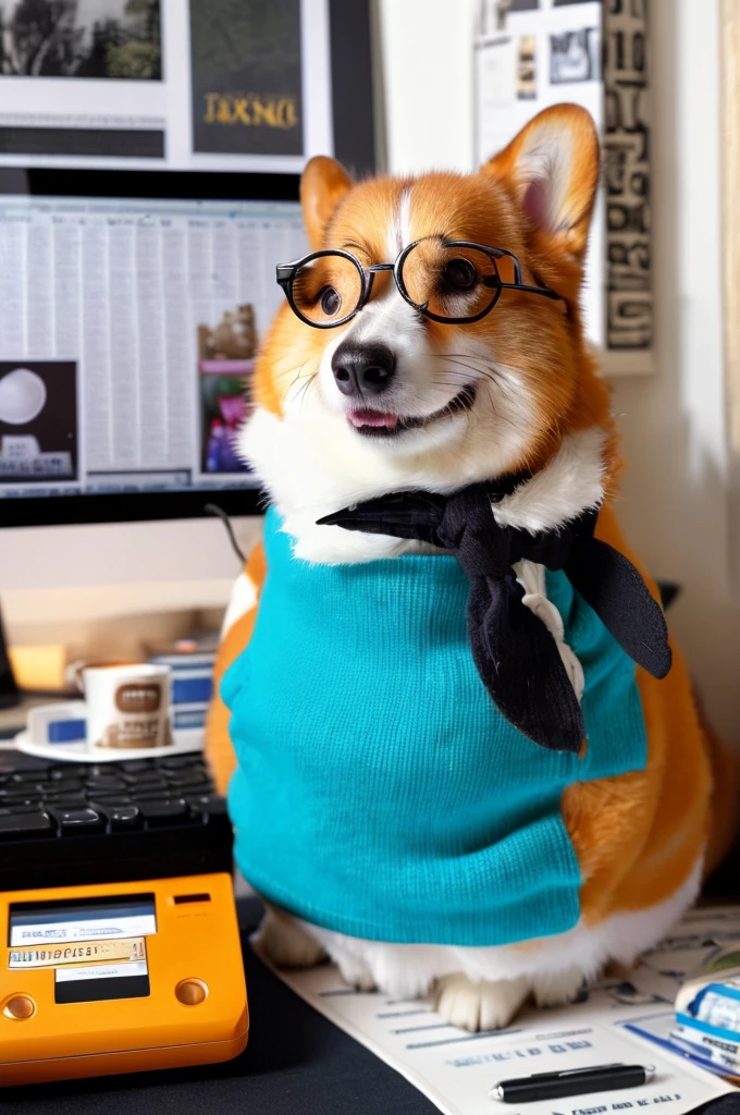 A large, close-up view of a charming corgi dominating the frame, intensely focused on a computer screen. The corgi is wearing tiny glasses, sitting upright at a desk with its paws on a keyboard. The computer monitor displays a spreadsheet or document, reflecting in the corgi's eyes. A small desk lamp illuminates the workspace. The corgi's face fills most of the image, showing a serious, concentrating expression. Visible in the lower part of the frame are office supplies like a coffee mug, pen holder, and scattered papers. Blurred background suggests a home office. Illustration style, vibrant yet professional colors, cute but hardworking atmosphere.
