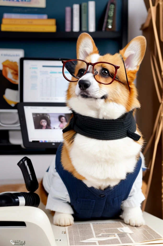 A large, close-up view of a charming corgi dominating the frame, intensely focused on a computer screen. The corgi is wearing tiny glasses, sitting upright at a desk with its paws on a keyboard. The computer monitor displays a spreadsheet or document, reflecting in the corgi's eyes. A small desk lamp illuminates the workspace. The corgi's face fills most of the image, showing a serious, concentrating expression. Visible in the lower part of the frame are office supplies like a coffee mug, pen holder, and scattered papers. Blurred background suggests a home office. Illustration style, vibrant yet professional colors, cute but hardworking atmosphere.
