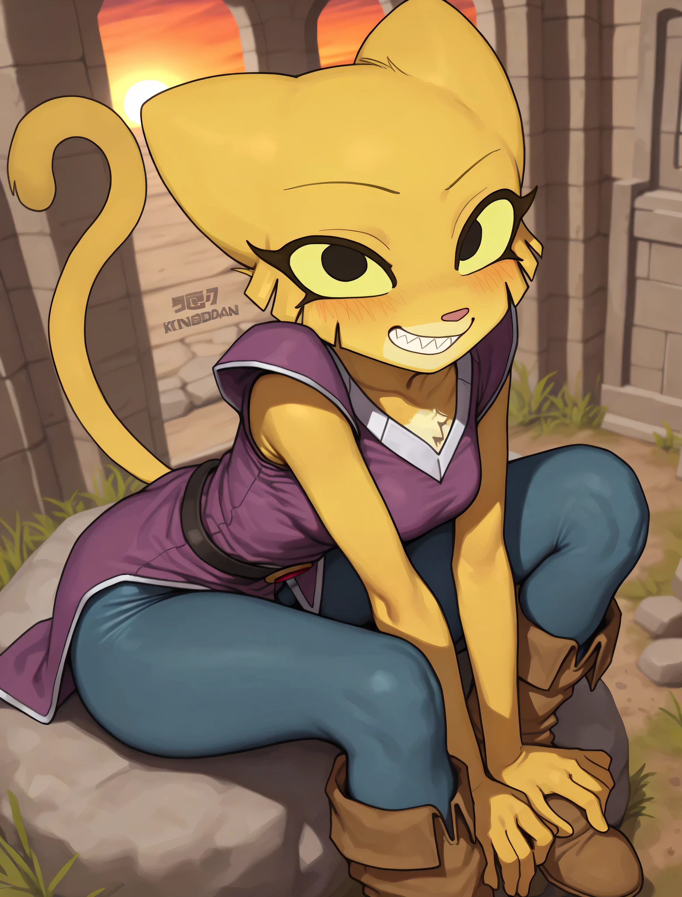 ((katia managan)), ((masterpiece)), ((high resolution)), ((cartoon style)), ((solo portrait)), {(attractive figure), (skinny body), (yellow fur), (pink nose), (long yellow tail), (cute black eyes), (yellow sclera), (sharp eyelashes), (cute grin)}, {(purple tunic shirt), (tight blue pants), (brown boots)}, {(sitting on rock), (looking at viewer)}, ((kingdom gate)), ((sunset)),