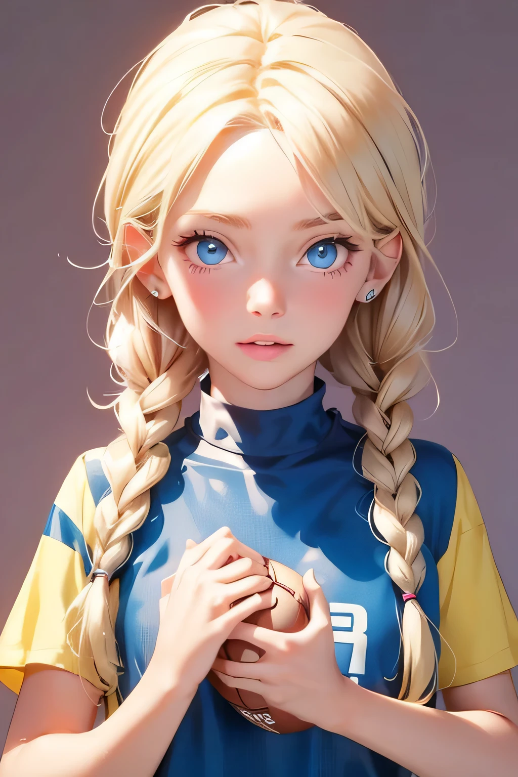 Beautiful young girl . without makeup . She is 25 years old . blond hair , braided , blue eyes . Small Boobs 1 size . height 175 cm . She's a soccer player . Playing football . Soccer game .
