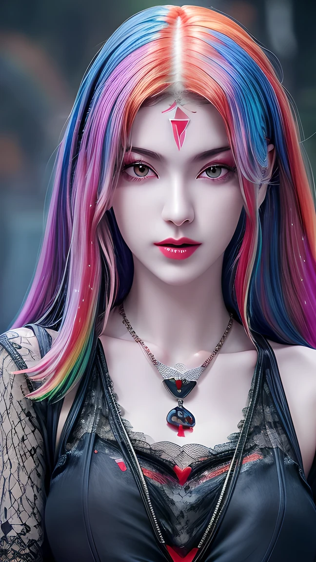wearing an ultra-thin black dress , wears an ultra-thin red dress , dress with diamonds , ((Rainbow Hair:1.6)), bangs, beautiful jewels made of gemstones , and beautiful hair , (( Wear a black lace necklace :1.6))), This girl's aristocrat temperament and celebrity style is very beautiful, The little face is super cute, very pretty face with delicate eyes , Very slim eyebrows , the beautiful flawless jewelry , (( dark eyes : 0.8)), very pretty eyes , ((, , light red eyes : 1.5)), exquisite makeup and eyelashes , steam eye makeup , High nose, earrings, red lips, ((Residence: 1;5 )) Beautiful Lips , Delicate hands, most beautiful thighs , ((Open your arms: 1.5)), ruddy face, Cleansing the face , beautiful flawless jewelry , Smooth and fair , ( small chest : 1.5)), (( High target : 1.6)), plump breasts, Beautiful Cleavage , ((Large target, round breasts : 1.8))), (( Super tight breasts : 1.5)) , beautiful breasts , Rear arm, beautiful girl's upper body, 8k photo, super high quality , super Actual , 10x super pixel , Optical, dark studio , Light border , two-color lighting with blurry effects , ( very fine skin :1.2), super 8k, Soft Light, high quality , volumetric illumination, Actual , photo, high resolution on the bench , illumination, BEST PHOTO , 4K quality, 8k, Blurred , Smooth and sharp, 10 x pixels , (galaxy: 1.7), aurora, lightning, surreal graphics, most Actual graphics, Unique , Unique , Extremely sharp, Surreal images , ( ((Frontal portrait:1.3)))."