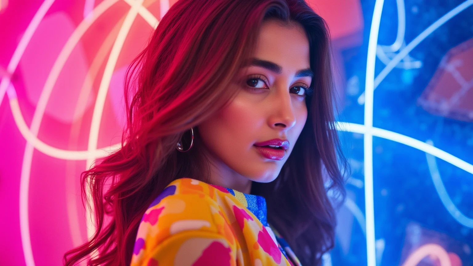 Vibrant portrait of a woman surrounded by swirling neon lights in shades of pink, blue, and yellow, casting dynamic reflections on her detailed face. Her hair flows freely, dyed in an ombre of bold colors. She wears a modern, artistic outfit with vivid patterns resembling abstract art. The background is an explosion of color, blending softly into a kaleidoscope-like gradient, creating a lively, electric atmosphere
