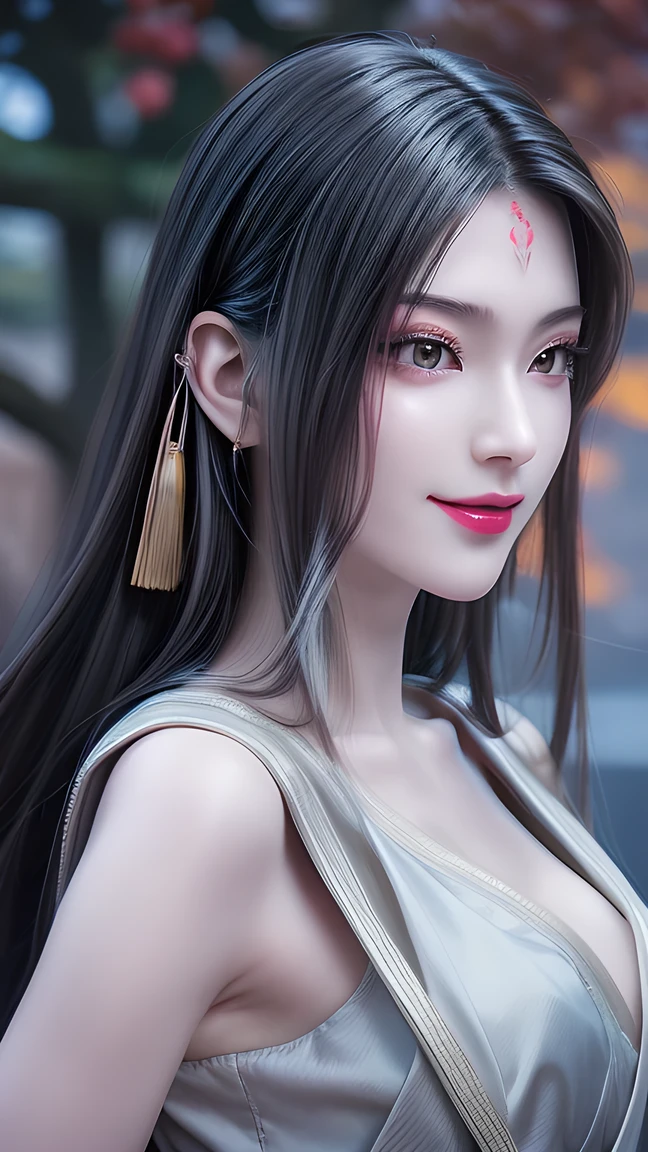  beautiful young Chinese woman，Almond eyes，Long black hair，Flowing skirt，Hair accessories，Milky skin ,  cute smile ， with metal device ，No pulse 