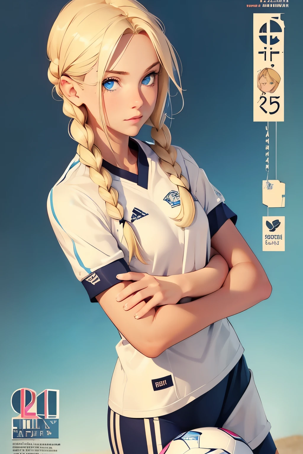  Beautiful young girl . without makeup . She is 25 years old .  blond hair  ,  braided  ,  blue eyes  . Small Boobs 1 size . height 175 cm . She's a soccer player  .  Playing football  .  Soccer game  . 