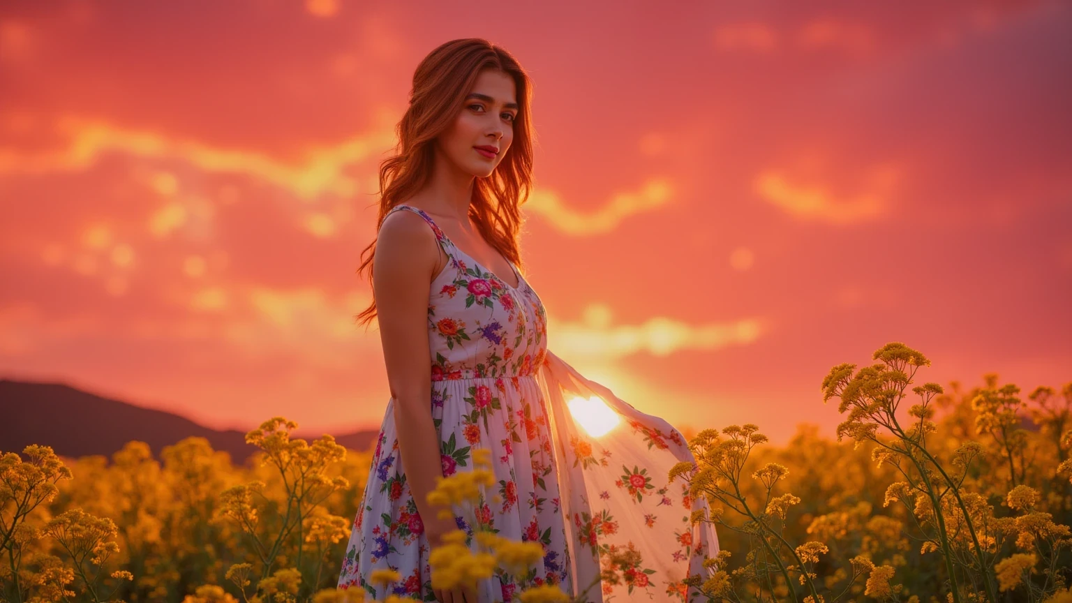 Radiant portrait of a woman standing against a vivid sunset, the sky painted in rich shades of red, orange, and violet. Her dress is flowing, adorned with multicolored floral patterns that seem to merge with the background. Her face is softly illuminated by the warm glow, and her serene smile reflects the tranquility of the moment. Bright wildflowers bloom in the foreground, adding layers of vibrant detail."