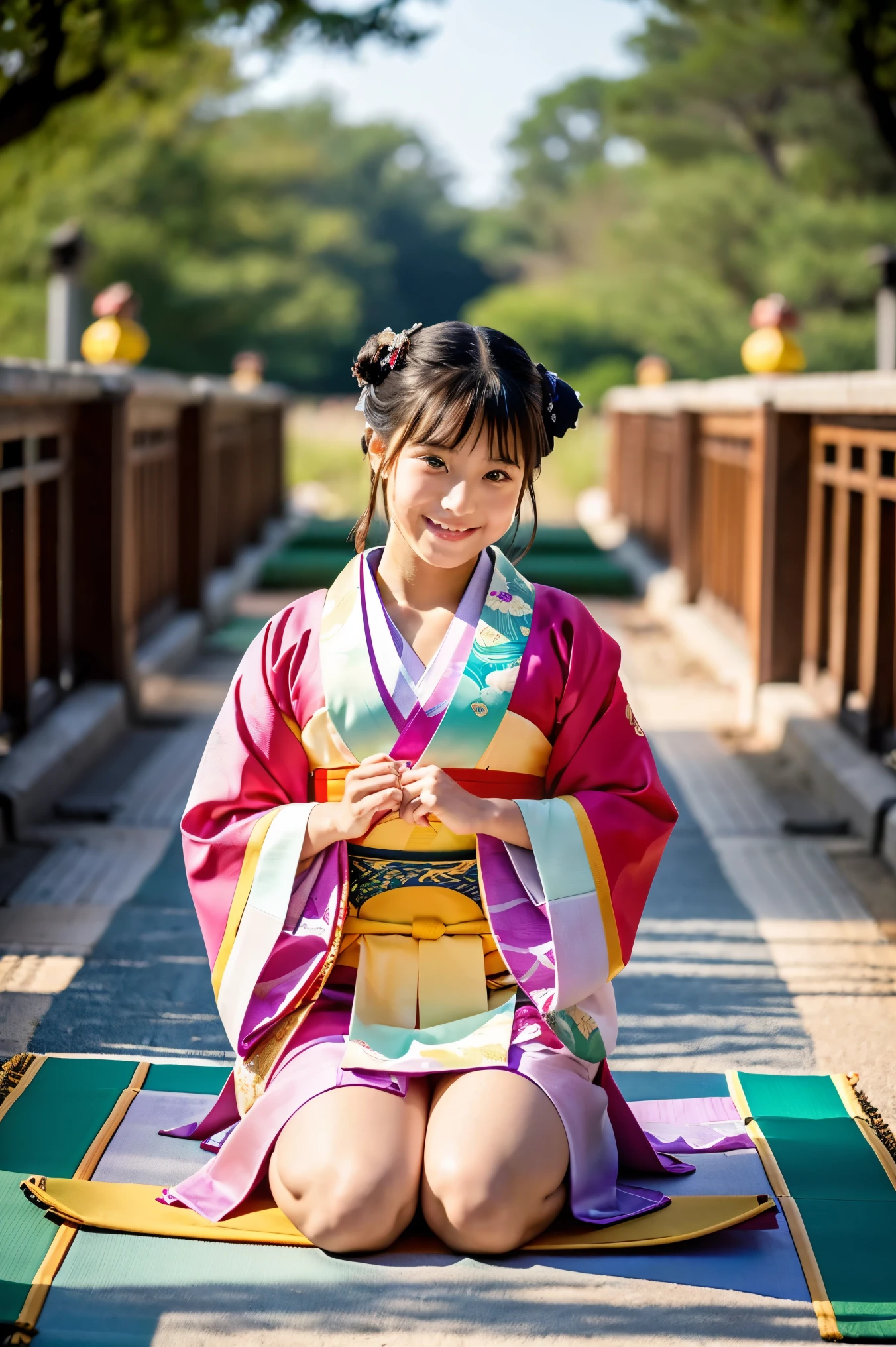 Reality、photo shoot、
Background: Imperial Palace、Similar to Princess Kako、Small face hairstyle up、smile、Looking up、
Age 25、kimono、squat、
Wide-legged pose、naked、Show pussy、Show anus、Yankee facing forward、Urinating、Onani、