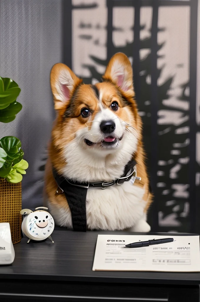 A photorealistic close-up of a corgi in a business meeting, dominating the frame. The corgi wears a miniature headset and sits at a conference table, attentively looking at a laptop screen displaying a video call. Multiple participants are visible on the screen. The corgi's expressive eyes show focus and intelligence. Surrounding the laptop are scattered documents, a notepad, and a pen. The corgi's fur is detailed and textured, capturing individual hairs. Soft, professional lighting illuminates the scene, creating subtle shadows. The background subtly shows a blurred conference room with a whiteboard and plants. Hyperrealistic style, natural colors, professional atmosphere with a touch of whimsy.
