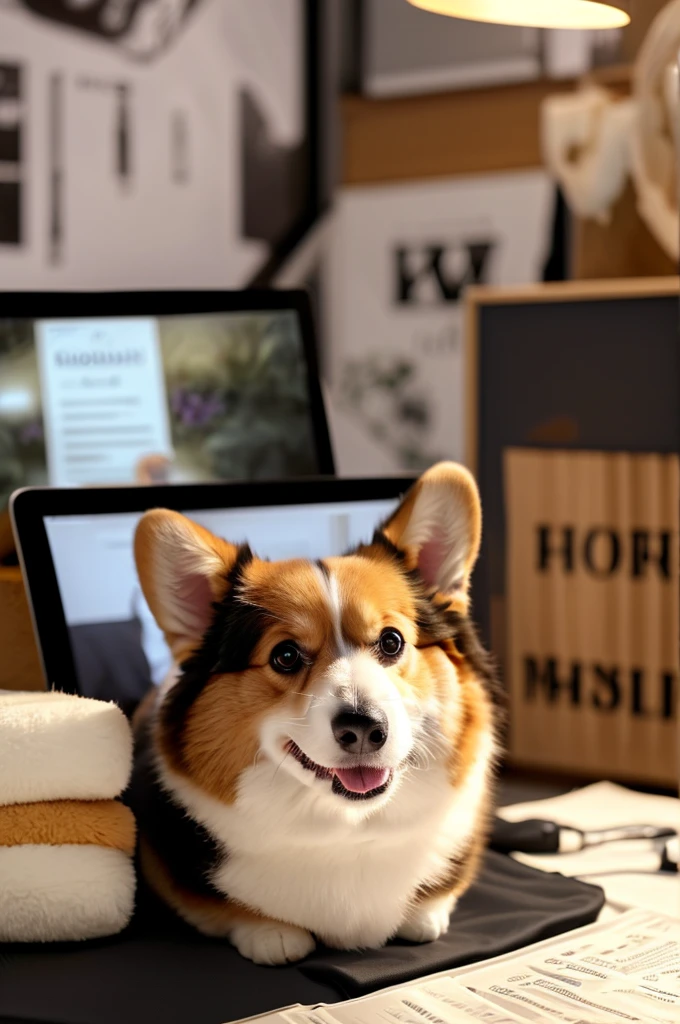 A photorealistic close-up of a corgi in a business meeting, dominating the frame. The corgi wears a miniature headset and sits at a conference table, attentively looking at a laptop screen displaying a video call. Multiple participants are visible on the screen. The corgi's expressive eyes show focus and intelligence. Surrounding the laptop are scattered documents, a notepad, and a pen. The corgi's fur is detailed and textured, capturing individual hairs. Soft, professional lighting illuminates the scene, creating subtle shadows. The background subtly shows a blurred conference room with a whiteboard and plants. Hyperrealistic style, natural colors, professional atmosphere with a touch of whimsy.
