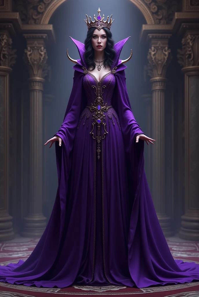 Disney villain inspired by Izma and Maleficent with reddish hair and purple clothing with shiny and elegant details that highlight her full-body creativity