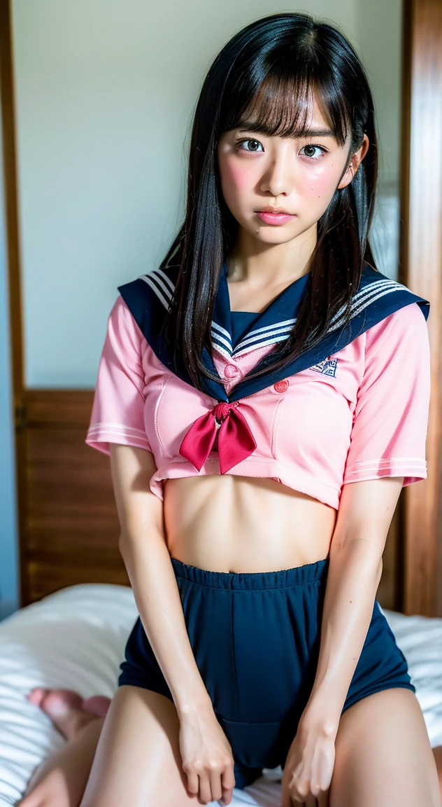 (masutepiece, Best Quality:1.2), 8K, Official art、Infirmary bed、Raw photo, full body Esbian、Facing up、skinny、18year old、Eyes closed、The Great Climax、feels good、supreme、Supreme Time、look up sky、Open mouth、screeming、 unbelievable Ridiculous, (Upper body, Sailor suit on top、Lower skirt Seravuk:1.4), Beautiful Girl, Pretty Face, arching back down, Gold hair ornament on hair、close up,  Short sleeve, gardenia, violaceaess, , Street, Looking at Viewer, Film grain, chromatic abberation, Sharp Focus, face lights, Dynamic lighting, Cinematic lighting, Eyes and faces with detailed,, (1 dark red bow tie:1.2)