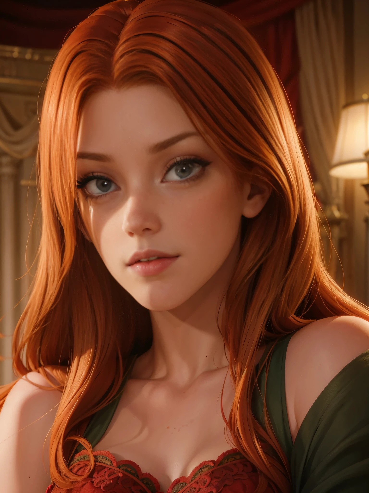 high quality portrait, redheaded woman, long red hair, green dress, mature and gorgeous, natural lighting, dramatic shadows, photorealistic, hyperdetailed, 8k, intricate details, cinematic composition, dramatic lighting, elegant pose, beautiful face, detailed eyes, detailed lips, detailed nose, delicate skin, studio lighting, depth of field, vivid colors, fistevens