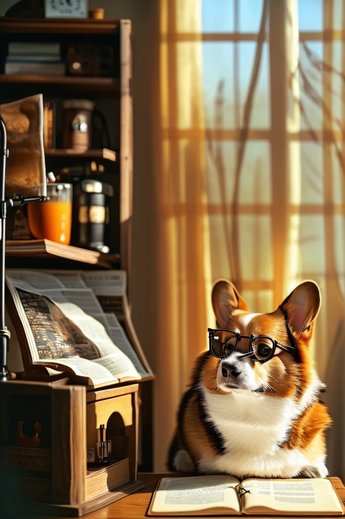 A large, close-up view of a charming corgi dominating the frame, intensely focused on a computer screen. The corgi is wearing tiny glasses, sitting upright at a wooden desk with its paws on a keyboard. The computer monitor displays a spreadsheet or document, reflecting in the corgi's eyes. A small, warm-toned desk lamp illuminates the workspace. The corgi's face fills most of the image, showing a serious, concentrating expression. Visible in the lower part of the frame are office supplies like a steaming coffee mug, leather-bound notebook, and a few scattered papers. The blurred background suggests a cozy home office with warm, golden hour lighting filtering through curtains. A bookshelf with colorful book spines and a potted plant are barely visible. Illustration style, warm and inviting color palette with soft oranges and yellows, creating a comfortable yet professional atmosphere.
