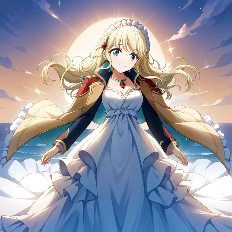 score_9, score_8_consolation, score_7_consolation, score_6_consolation, 1 woman, Shiori ,  blond hair , Long hair , shoulder jacket , Epolite , red rose,headdress,  cool wind ,  princess dress , long dress, seafront, sunset,  light smile  , necklace
