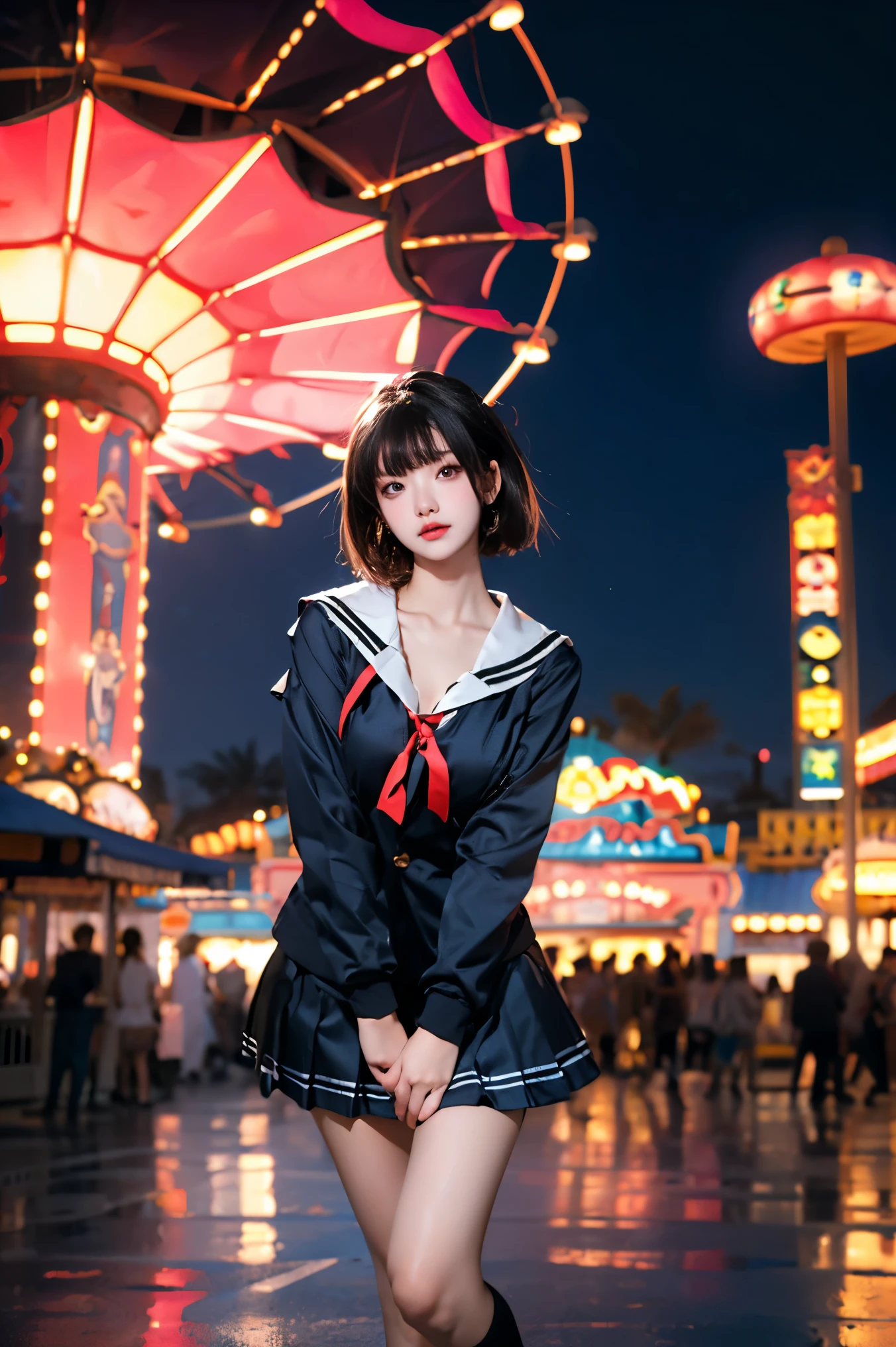 kato megumi,1girl, school uniform, katou megumi, solo, cosplay,
short hair, bob cut, jacket, blunt bangs,
serafuku,socks, loafers,sailor dress,neck ribbon, long sleeves, ((Portrait-oriented, focusing on the subject's body above the calves)), (from below:1.2), (Full chest, deep V-neck, visible cleavage), (I-type Valley), Realistic beautiful woman, sexy long-legged model, in an amusement park scene, standing gracefully with elegance. The model's pose features a slight knee bend on one leg, while one hand elegantly lifts the hem of her skirt up to her thigh. soft natural makeup, and her hair flows beautifully in the gentle breeze. The amusement park background includes colorful attractions, a Ferris wheel, and festive lighting, creating a lively and vibrant atmosphere. Photorealistic lighting and shadows, high detail, 4K resolution.