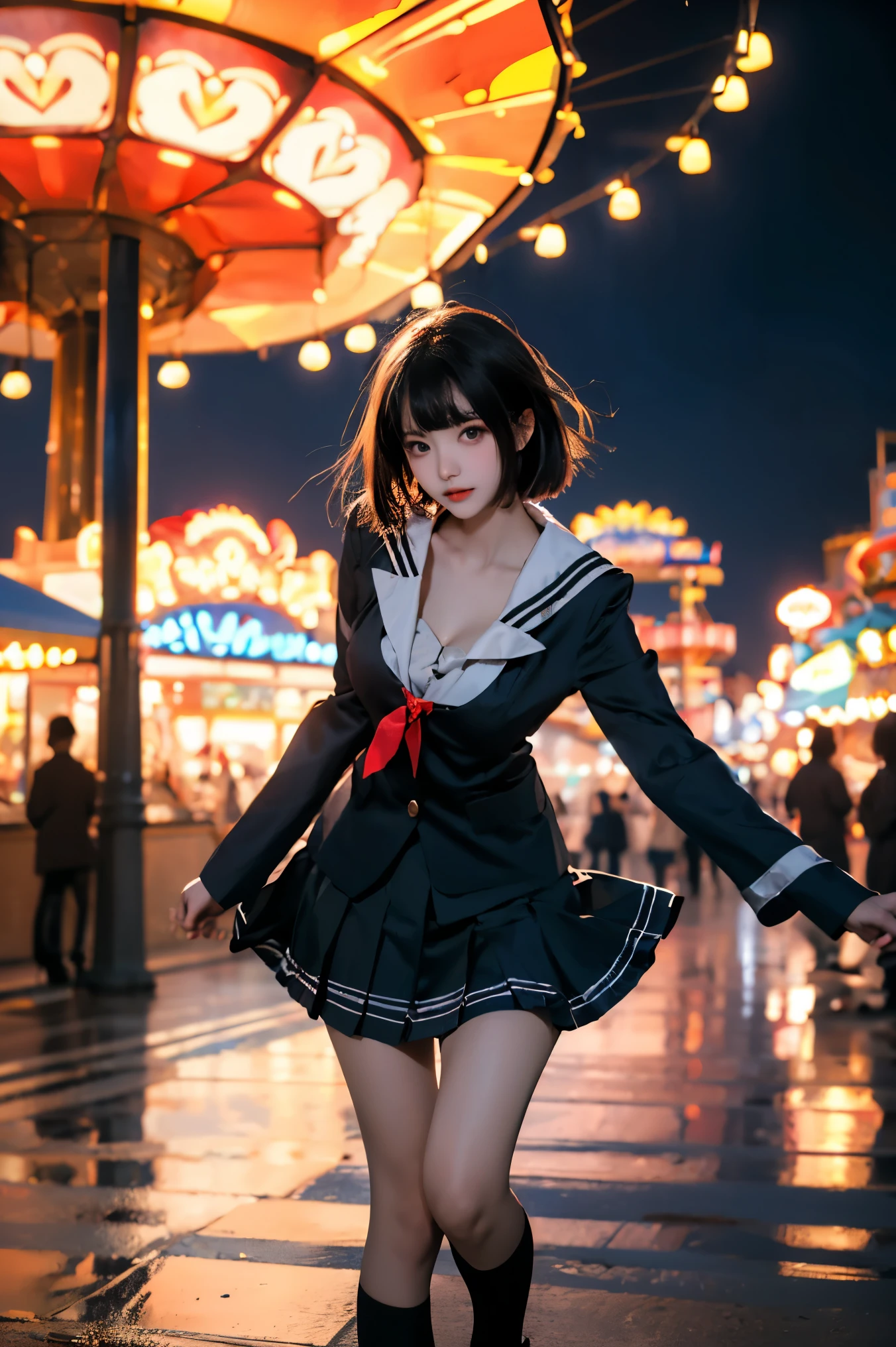 kato megumi,1girl, school uniform, katou megumi, solo, cosplay,
short hair, bob cut, jacket, blunt bangs,
serafuku,socks, loafers,sailor dress,neck ribbon, long sleeves, ((Portrait-oriented, focusing on the subject's body above the calves)), (from below:1.2), (Full chest, deep V-neck, visible cleavage), (I-type Valley), Realistic beautiful woman, sexy long-legged model, in an amusement park scene, standing gracefully with elegance. The model's pose features a slight knee bend on one leg, while one hand elegantly lifts the hem of her skirt up to her thigh. soft natural makeup, and her hair flows beautifully in the gentle breeze. The amusement park background includes colorful attractions, a Ferris wheel, and festive lighting, creating a lively and vibrant atmosphere. Photorealistic lighting and shadows, high detail, 4K resolution.