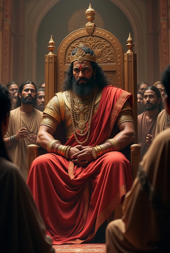 Description: Duryodhana, the eldest of the Kauravas, gives a command to bring Draupadi to the court. He is seated on a grand throne with a smug expression, surrounded by his brothers and advisors.Focus: Duryodhana’s arrogance and power should be evident, with his imposing figure dominating the scene.